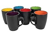 Kaffeebecher 6er Set je 340 ml - schwarz matt/innen farbig - Kaffeebecher mit Henkel - Tee Becher...