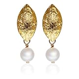 Tamii - Perlen-Ohrringe gold mit Süßwasserperle, schlichte Blatt-Ohrstecker matt, Braut-Schmuck,...
