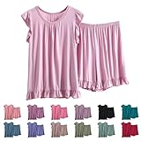 Damen Modal Pyjama Set 2 Stück Sommer Nachtwäsche mit Rüschenbesatz Loose Fit Ärmellos Weste Top...