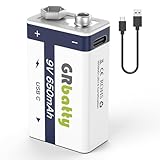 GRbatty Wiederaufladbare USB 9V Akku Lithium, 650mAh High Capacity 9 Volt Block Lithium Akku für...