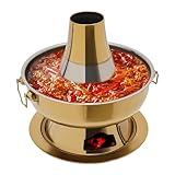 Hot Pot Topf, 2.3 Litre Campingherde Hot Pot aus Edelstahl, Messingfarbe Hotpot mit Schornstein,...