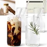 KIVY Trinkgläser Set mit Glas Strohhalm [4x 450ml] Für Eiskaffee, Wasser & Cocktails -...
