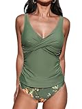 CUPSHE Damen Tankini Set V Ausschnitt Wickeloptik Crossover Tankini Mid Waist Bauchweg Raffung...