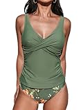 CUPSHE Damen Tankini Set V Ausschnitt Wickeloptik Crossover Tankini Mid Waist Bauchweg Raffung...