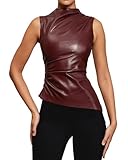 BAIMORE Damen Street Solid Mock Neck Sleeveless PU Leder Plissee Slim Fit Tank Top, Weinrot, Mittel
