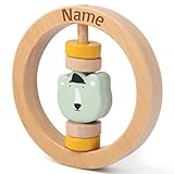 Trixie Rassel Baby aus Holz PERSONALISIERT mit Name graviert Greifring für Baby Geschenk zur Geburt...