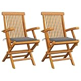 vidaXL 2X Teak Massiv Gartenstuhl mit Grauen Kissen Armlehnen Gartenstühle Klappstuhl Klappstühle...