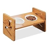 Relaxdays Futterstation Hund, höhenverstellbare Hundebar, 2 Näpfe, je 250 ml, Bambus & Keramik,...