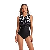 Beachkini Einteiliger Badeanzug für Damen, langärmlige Bademode mit Frontreißverschluss,...