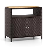 COSTWAY Gartenschrank Rattan, Buffetschrank mit Akazienholz Arbeitsplatte und offenes Fach,...