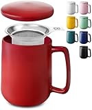 Teetasse mit Deckel und Sieb - 500ml Tee Tasse groß - Keramik Rot - Hält Lange warm -...