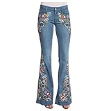 Schlaghose Damen Jeans Blumen - Jeanshosen Jacquard Denimhose Vintage Stickerei Schlagjeans Elegante...