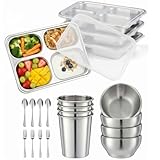 Jinei 20-teiliges Edelstahl-Geschirr-Set für Kinder, 4 geteilte Teller aus Edelstahl mit Deckel, 4...