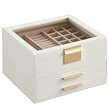 SONGMICS Schmuckkästchen, Schmuckkasten mit 3 Ebenen, Schmuckbox mit Glasdeckel, 2 Schubladen,...