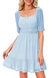 Imily Bela Damen Kleider Square Neck Partykleid Mesh Minikleid High Waist Falten Langarmkleid...
