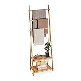 Relaxdays Handtuchständer Bambus, 3 Stangen, 2 Ablagen, HBT: 153 x 53,5 x 30 cm, freistehend,...