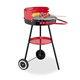 Relaxdays Holzkohlegrill mit Rollen, Ø 42 cm, Picknickgrill Garten & Park, Griller, Windschutz,...