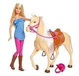 Barbie-Puppe und Pferdespielzeug, Barbie-Reitzubehör, rosa Helm und Zügel, 1 Barbie-Puppe und 1...