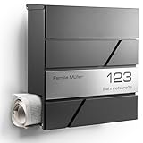 NewHabitat I Moderner Briefkasten Anthrazit mit Zeitungsfach - Wandbriefkasten personalisiert mit...
