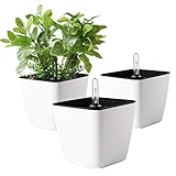 T4U 13cm Blumentopf Plastik Weiß mit bewässerungssyste mit Anzeiger Eckig Pflanztopf 3er-Set,...