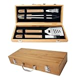Grillbesteck Set, 4 Stücke Grill Zubehör aus Edelstahl mit Holzgriff Grillgeschenke für Männer...