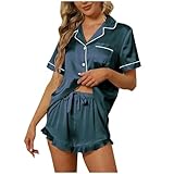 Schlafanzug Damen Kurz Satin Set, Pyjama-Set Mit Taschen Und Knopf Zweiteiliger Bequeme Loungewear...