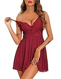 Vlazom Damen Sexy Nachthemd Spitzen Negligee V-Ausschnitt Schlinge Nachtkleid Babydoll mit...