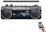 auvisio Retro Kassettenrecorder: Retro-Boombox mit Kassetten-Player, Radio, USB, SD & Bluetooth, 8...