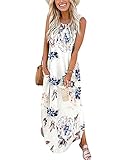 AUSELILY Damen Sommer Blumen Maxikleid Ärmellos Strandkleider Lose Lang Rundhals Hemdkleid mit...