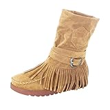 UnoSheng Schuhe Casual Fashion Toe Kurze Damen Fransen Stiefel Runde Flache Damenstiefel Runde Zehe...