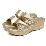 GLSTOY Hausschuhe Damen mit Dicker Keilsohle Sommer Keilsandalen aus Langlebigem Material Goldene...