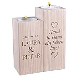 Teelichthalter 2er-Set aus Holz mit Gravur - Motiv: Hand in Hand - personalisierte Geschenkidee -...