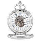 BOSHIYA Vintage Männer Mechanische Taschenuhr Dampfpunk Taschenuhr, Silbernes Hohlzifferblatt,...