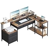 Seventable Schreibtisch L Form, Computertisch mit Steckdose, LED & Monitorständer, Reversibel...