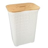 HRB Wäschekorb mit Deckel aus Bambus Rattan 65 Liter, Wäscheaufbewahrung aus Kunststoff, Wäsche...