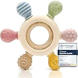 CAJA Beißring Baby - Beißspielzeug Zahnungshilfe aus Silikon & Holz, Baby, BPA-frei, Tiermotive,...