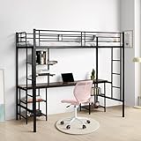FetiNes Hochbett mit Schreibtisch 90x200cm, Etagenbett mit Regalen Stauraum, Stockbett aus Metall...