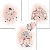 artpin® Poster Kinderzimmer, 3er Set Bilder Babyzimmer, Luftballon Baby Regenbogen Rosa P86