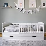Kinderbett 140x70 mit Lattenrost, Schublade und Raufallschutz Vollholz in weiß - 70 x 140 perfekte...
