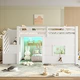 Etagenbett 90x200 mit LED-Beleuchtung, Kinderbett Hochbett mit Stauraum Treppe und Fenster,...