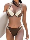 GORGLITTER Push Up Bikini Damen Set Neckholder Bikini Mit Bügel Cut Out Bikini Mit Farbblock...