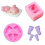 2 Stück 3D Baby Silikonformen, Baby Fußabdruck Silikonform, Schlafendes Baby Fondant Form, 3D Baby...