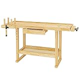 Wiltec Werkbank 151 x 61,5 x 86 cm aus Holz, Werktisch aus Rubberwood, Hobelbank bis 150 kg...