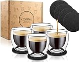 Porada 4 doppelwandige Espressogläser Set 80ml 4 extra Untersetzer Dessertgläser doppelwandige...