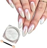 TITIMORE Weiße Perle Chrom Nagelpuder Holographische Sparkle Nagel Glitzerpuder Aurora Schimmer...