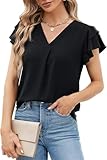 BUNSLOOM Damen Bluse Chiffon Sommer Kurzarm V-Ausschnitt Puff Ärmel Casual Elegante Arbeitsbluse...