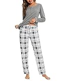 Litherday Pyjama Damen Lang Schlafanzug Kariert Nachtwäsche Winter Pyjama Set aus Baumwolle...