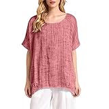 Leinenhemd Damen Sommer Kurzarm, T-Shirt Damen Oversize Leinenbluse Rundhals Hemdbluse Locker...