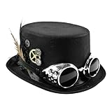 TrendandStylez Hut Zylinder Steampunk, schwarz, mit abnehmbarer Brille, Zahnrädern und Federn für...