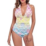 Tomeusey Damen-Badeanzug, gerüscht, einteilig, V-Ausschnitt, Schnürung, Damen-Bikini, Bademode,...